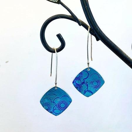 Hand printed anodised aqua blue aluminium earrings