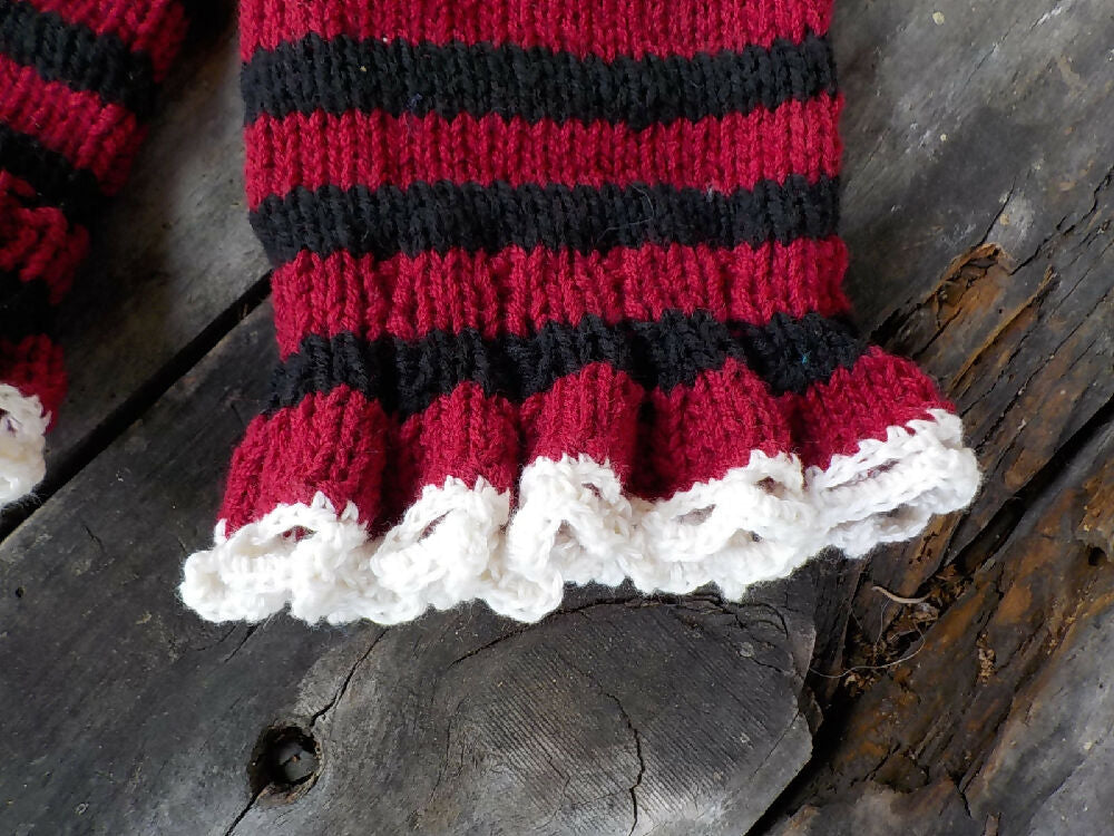 striped legwarmers pure wool burgundy and black