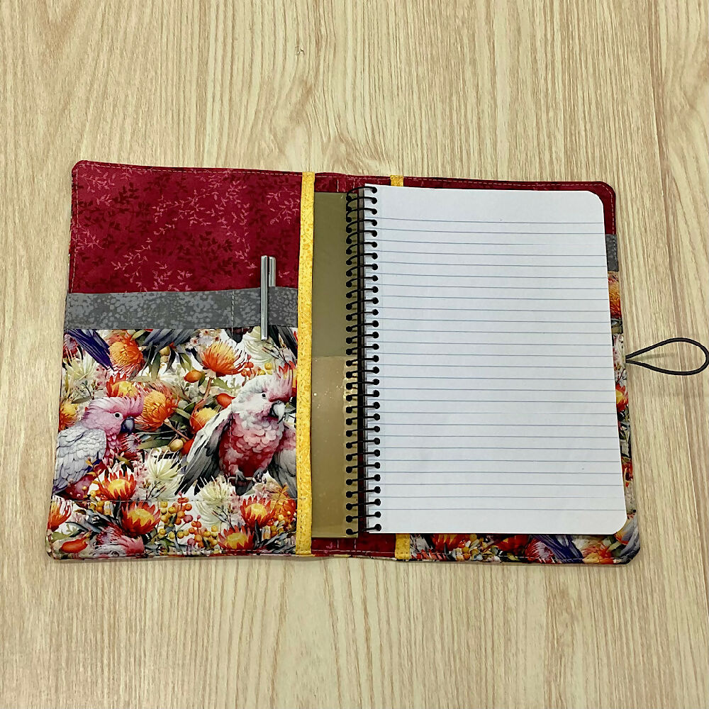Galahs, Black Cockatoos refillable A5 fabric notebook cover gift set - Incl. book and pen.