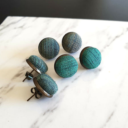 1.4cm Round Green Gradient Japanese Kimono Fabric Bronze colour Cabochon stud earrings