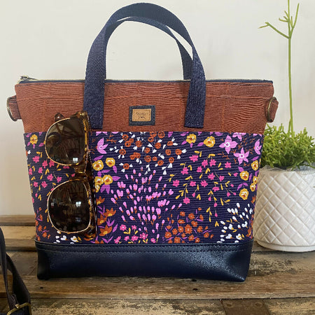 Lola Crossbody/Tote Bag - Brown, Navy, Lilac Floral/Navy Faux Leather