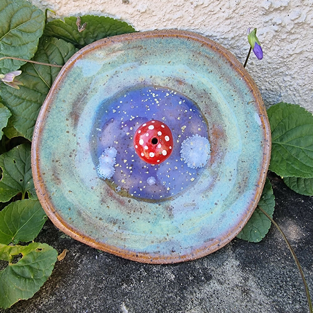 Ceramic Mushroom incense holder dish speckled brown clay