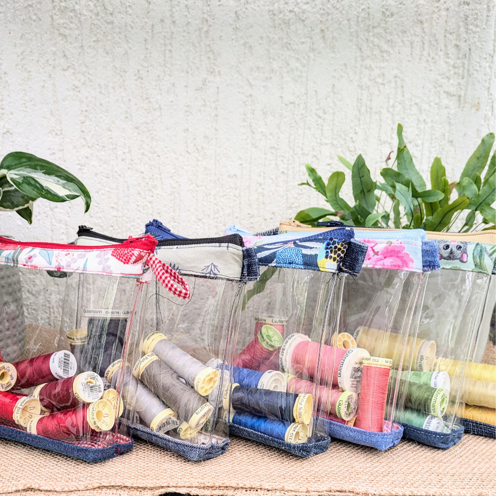 Travel Pouch Organiser Upcycled Denim Pink Rose