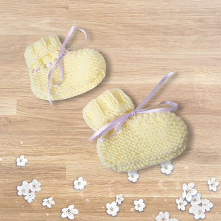 Lemon Yellow Baby Booties with Cuffs & Purple Ribbons