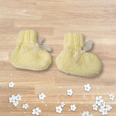 Lemon Yellow Baby Booties with Cuffs & White Ribbons