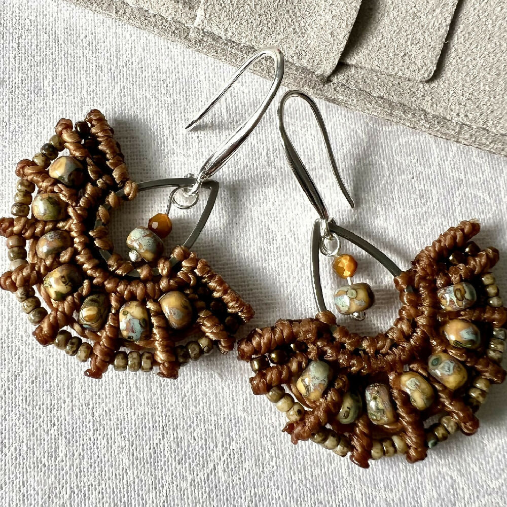 Brown Micro Macrame Earrings - Brown Miyuki +Free Microfibre Pouch