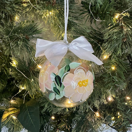 Blown Glass Christmas Bauble Ornament, Hand Painted Peach Floral, Unique Gift