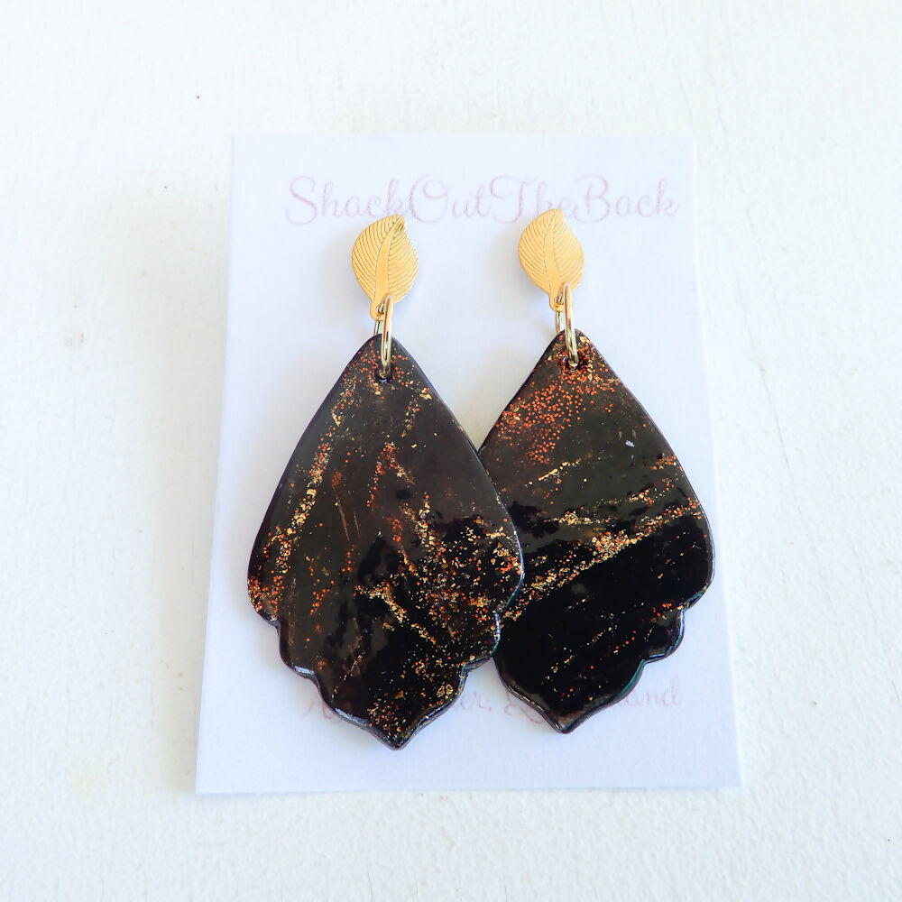 Black Glitter Polymer Clay Earrings "Golden Fire"