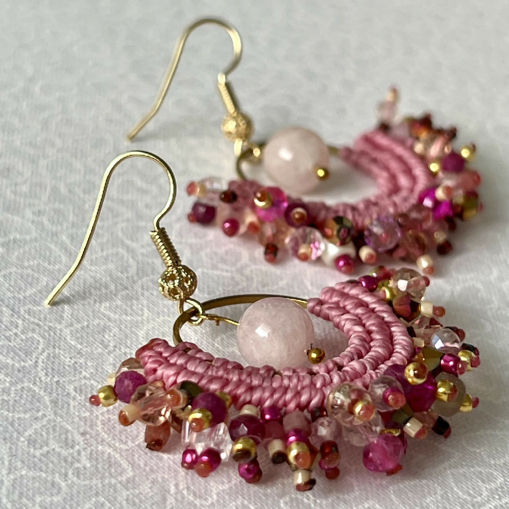 Pink Shades Micro Macrame Earrings gemstone +Free Microfiber Pouch