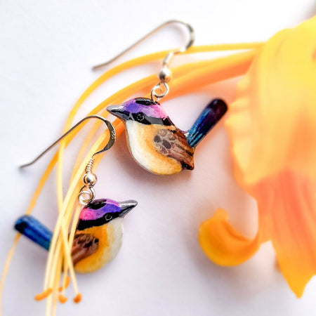 Fairy-wren purple-crowned in silver, handpainted, handcarved