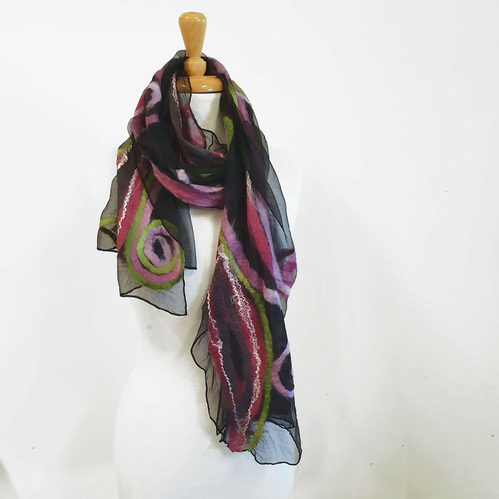 large handmade silk and wool scarf - black and pink - nuno felt - Julie Ann Smith - australia