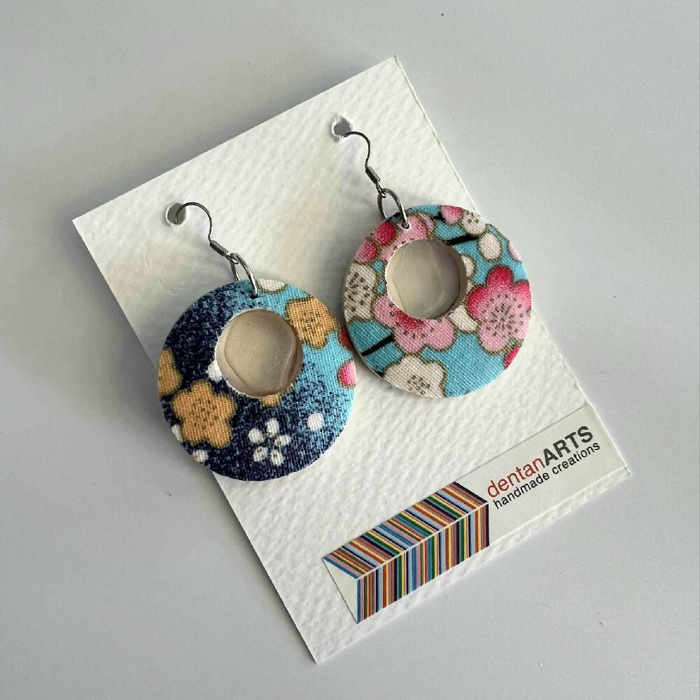 Hikari Woodglass Jewelry Series : Japanese Fabric Wooden Earrings with Sea Glass (Medium for Subtlety)