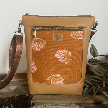 Hipster Crossbody Bag - Proteas on Rust/Mustard Faux Leather