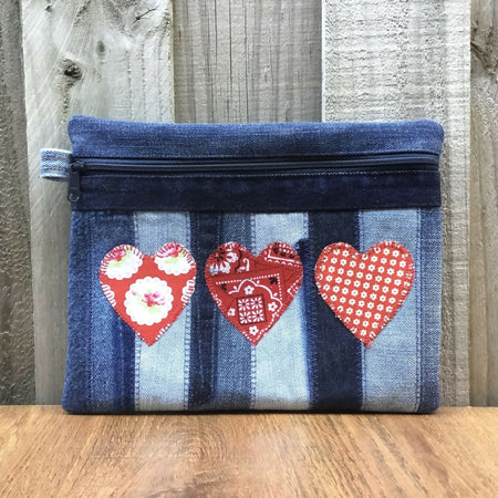 Unique Upcycled Denim Pencil Case – Three Red Hearts