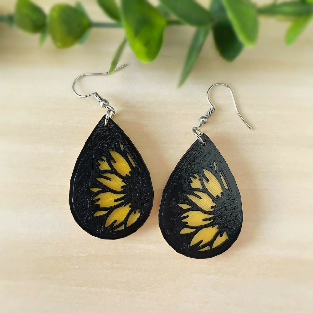 Australian-artist-handmade-jewellery-earrings-black-yellow-sunflower-earrings-drop-b