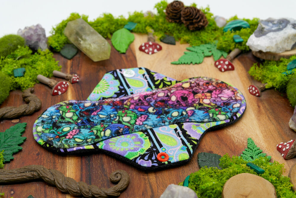 dig the flow reusables reusable cloth pad australian handmade rainbow zombie soft minky banded voilet neon green unique one-of-a-kind versodile moonrise menstrual health