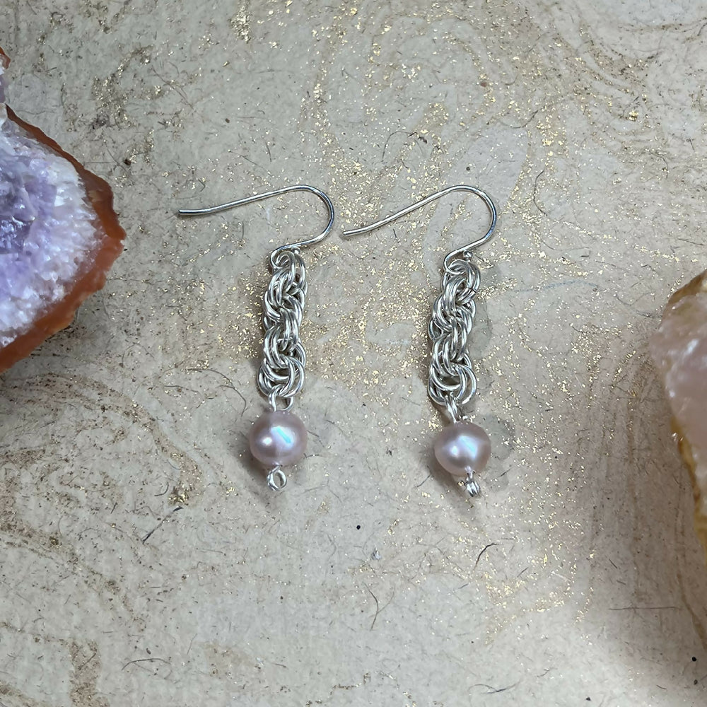 Sterling silver spiral + pearls earrings detail