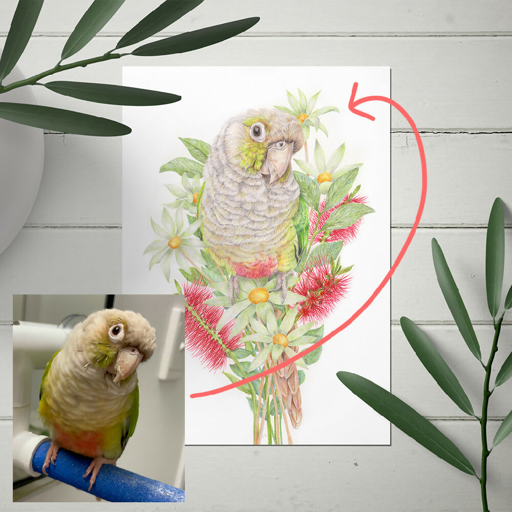 Custom Pet Portrait with Flowers - Original Pencil Artwork