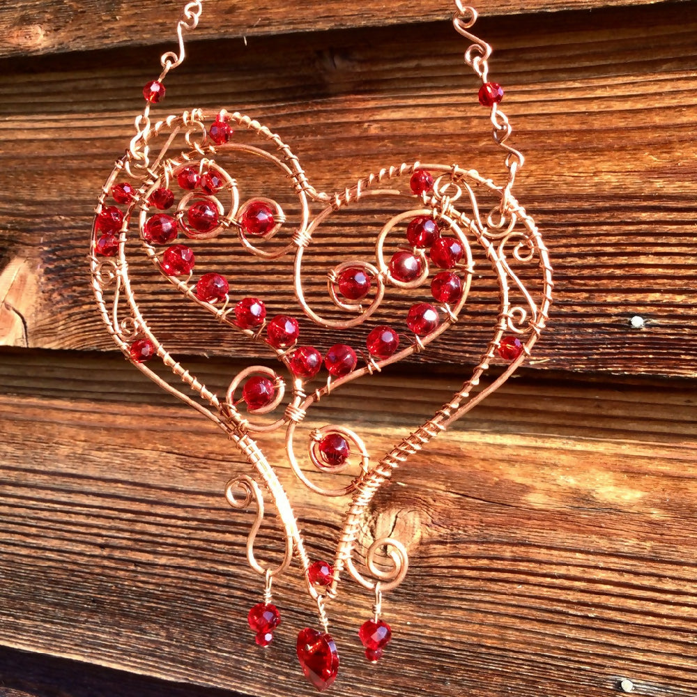 Red Glass Heart Window Decor Wire Wrapped with Copper