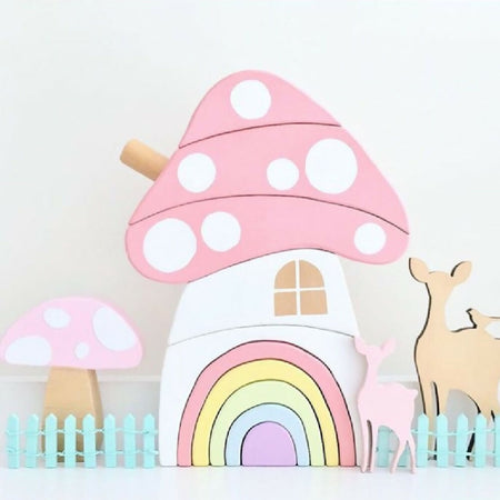 Wooden Toadstool House stacking puzzle with Rainbow Door.