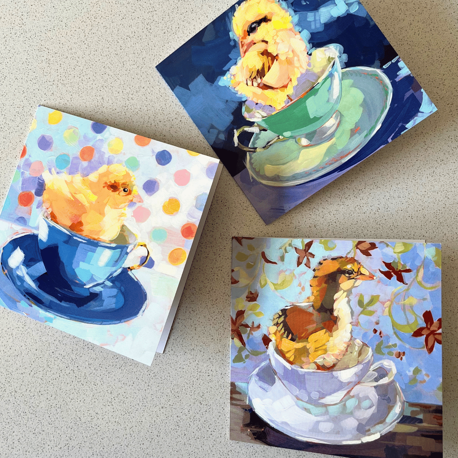 (3) Chicks in Cups Greeting Card Set