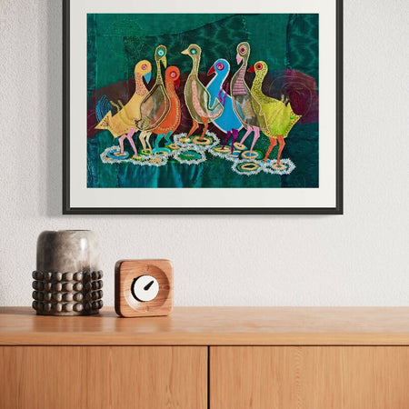 Framed textile artwork - colourful geese