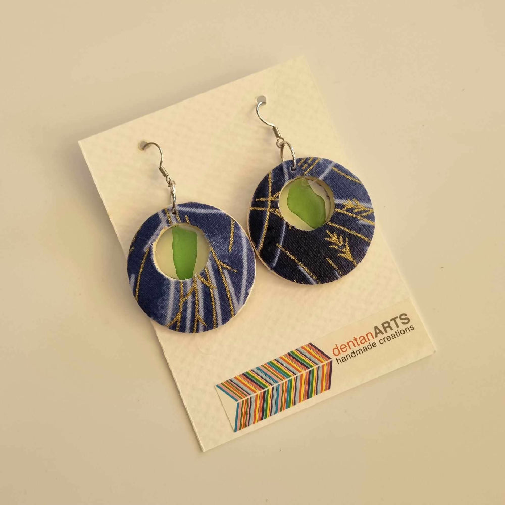 Hikari Woodglass Jewelry Series : Japanese Fabric Wooden Earrings with Sea Glass (Medium for Subtlety)