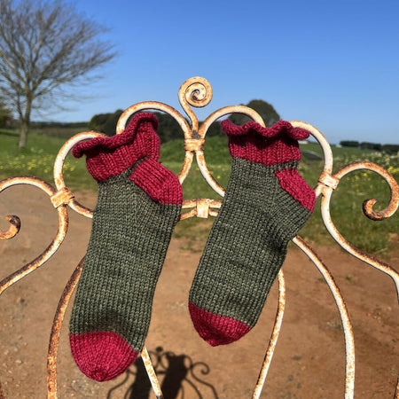 Hand knit kids Christmas ruffle socks