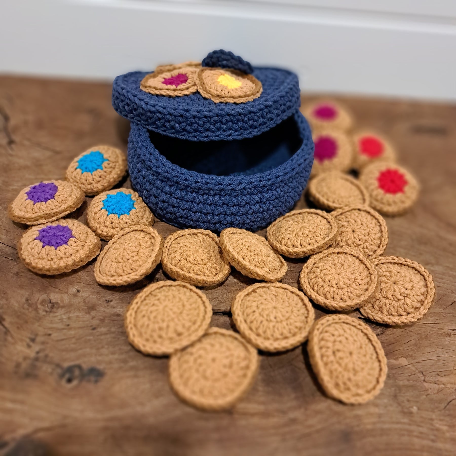 Handmade Crochet cookie memory game in cookie bowl