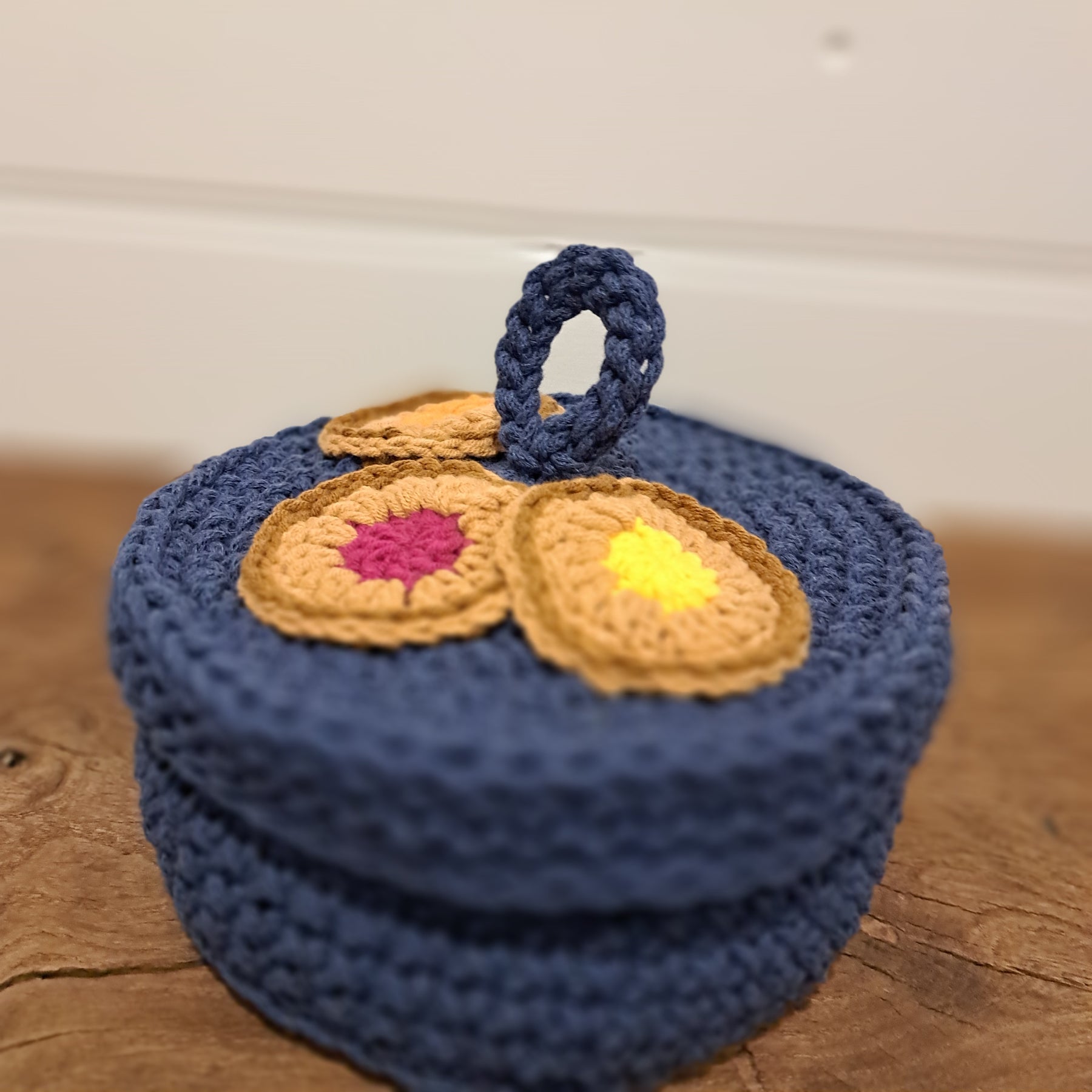 Handmade Crochet cookie memory game in cookie bowl
