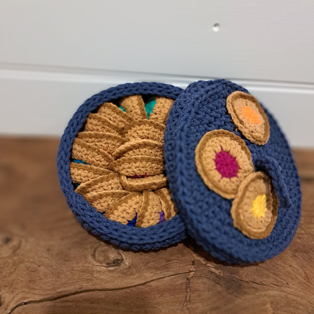 Handmade Crochet cookie memory game in cookie bowl