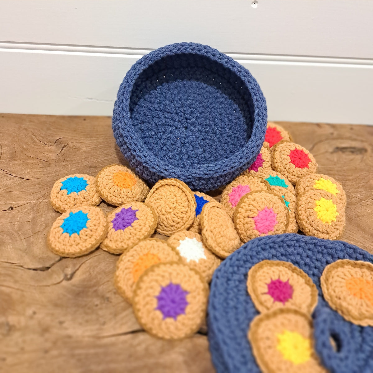 Handmade Crochet cookie memory game in cookie bowl