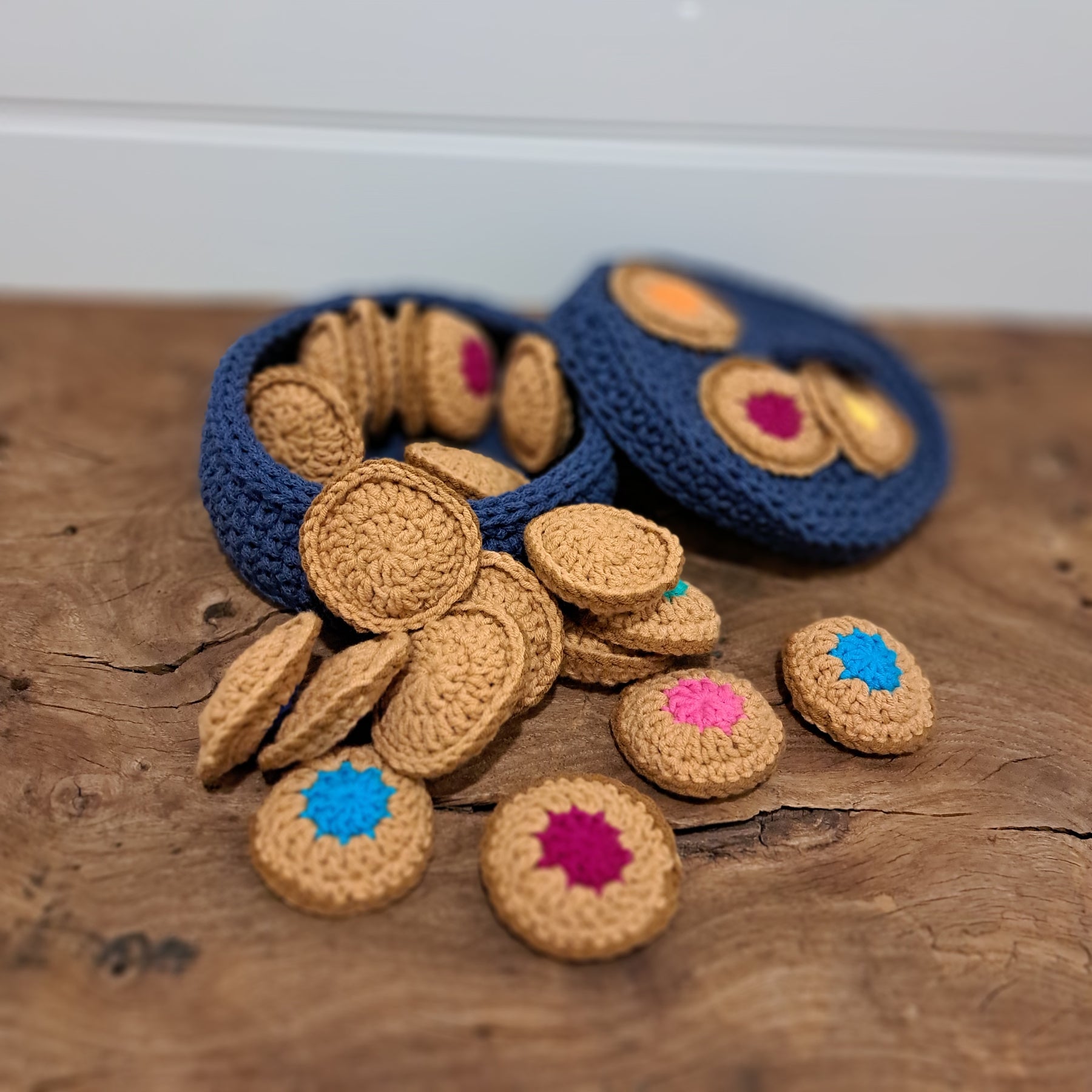 Handmade Crochet cookie memory game in cookie bowl