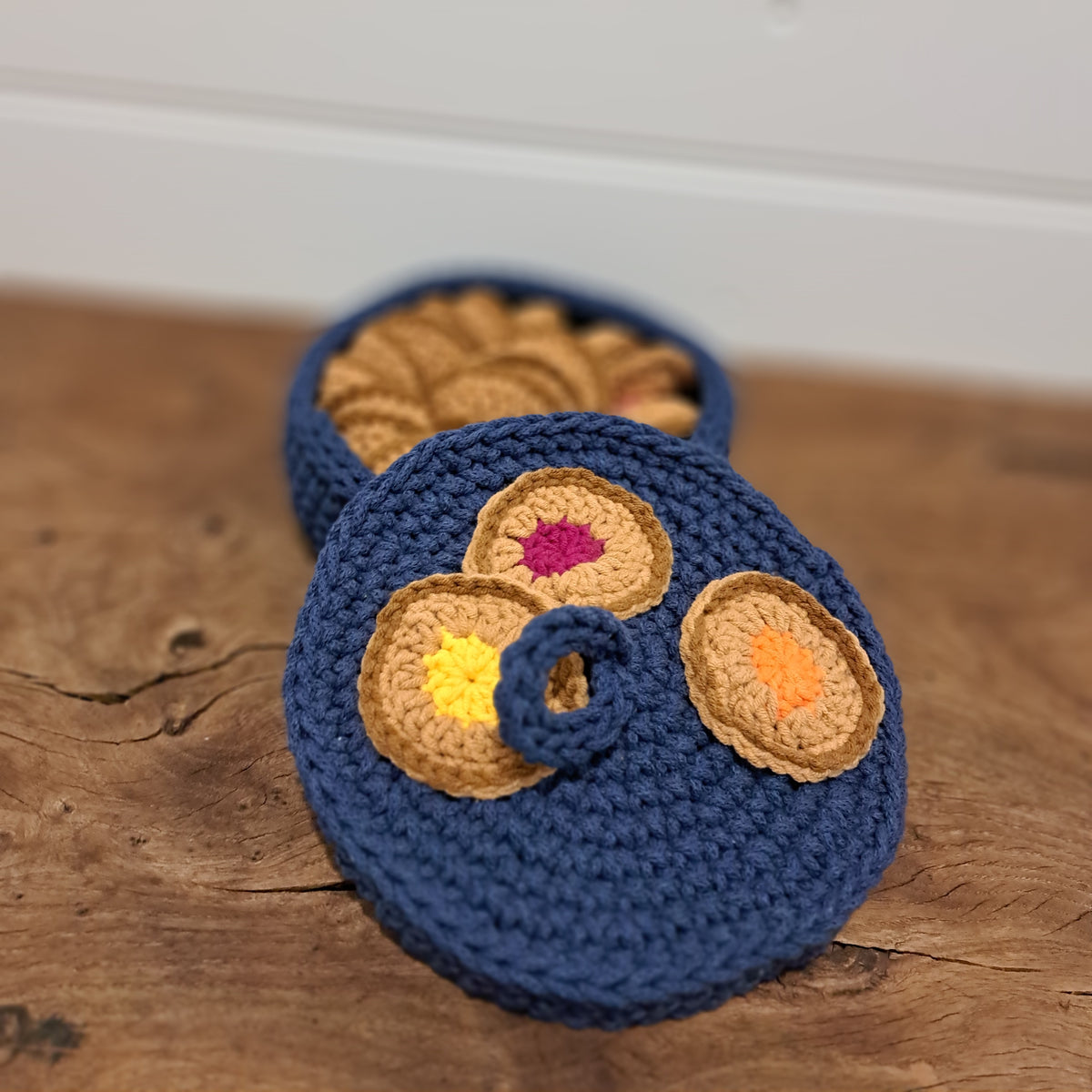 Handmade Crochet cookie memory game in cookie bowl