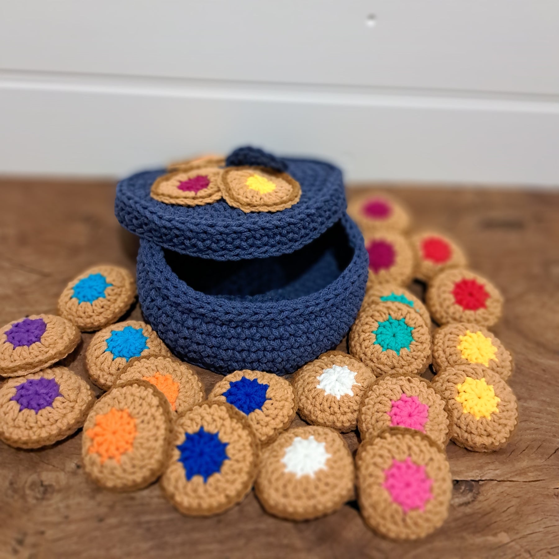 Handmade Crochet cookie memory game in cookie bowl