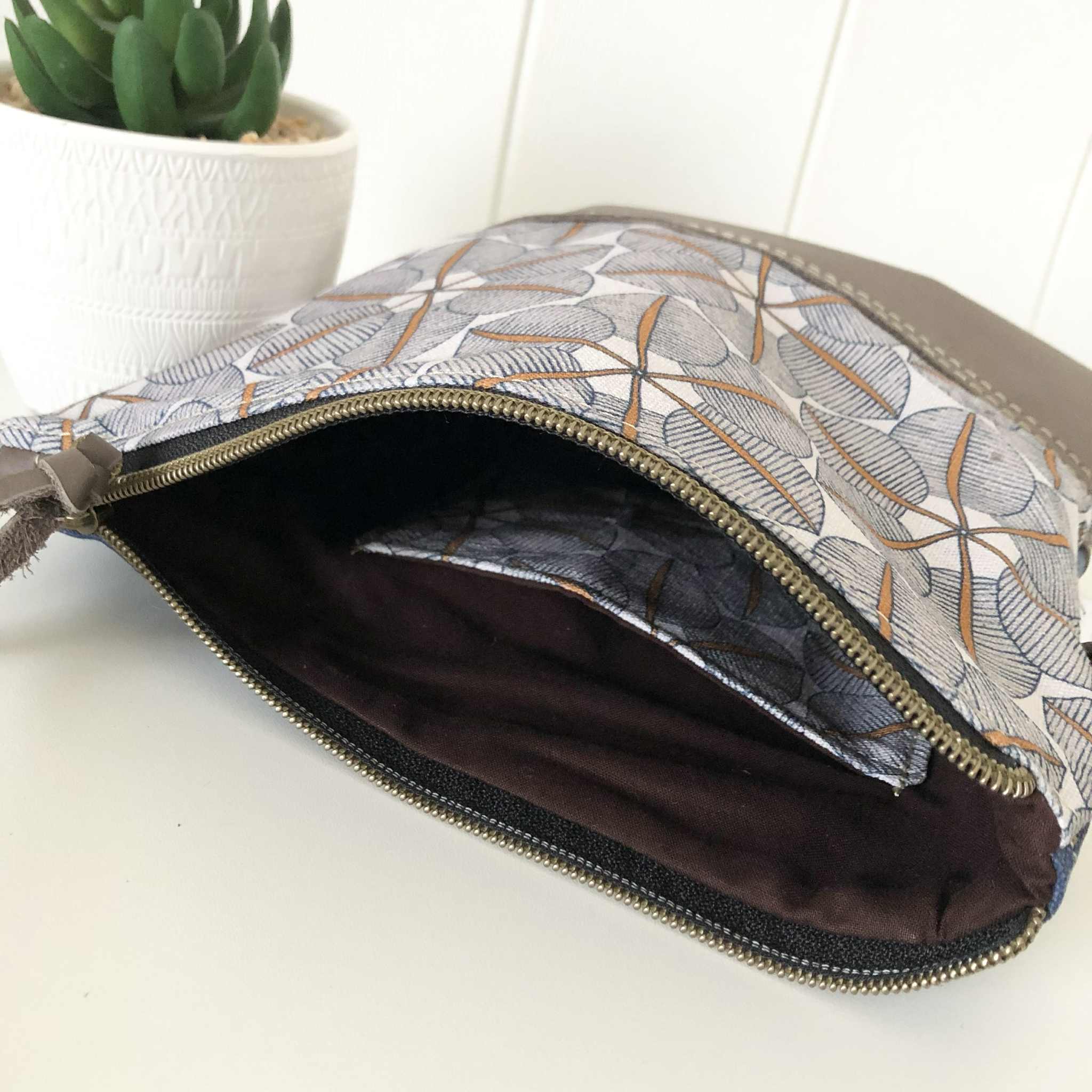 Cross Body Sling Bag in Leather and Blue Canvas with Blossom