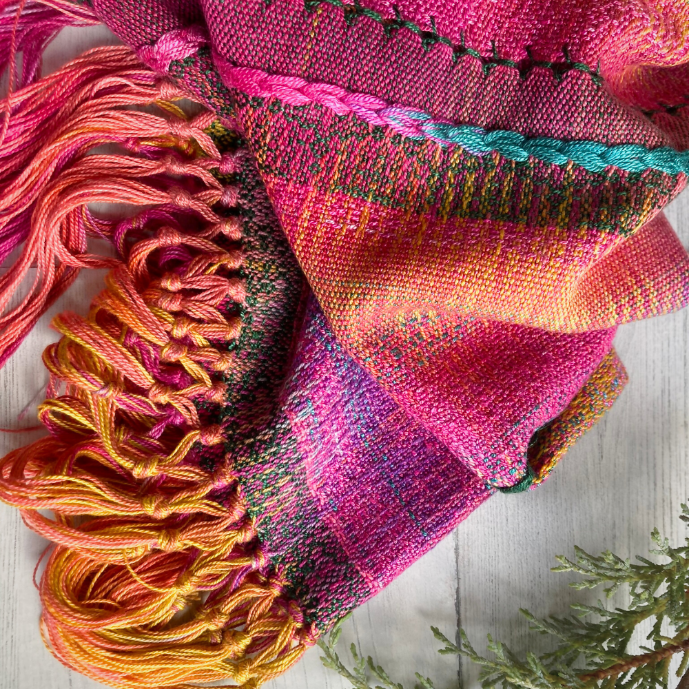 Handwoven cowl - bright pinks and green with extra details