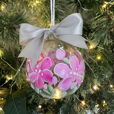 Glass Christmas Bauble Ornament, Hand Painted, Unique Gift, Pink Daisies