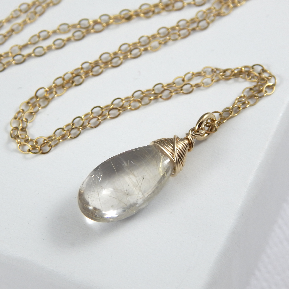 Smooth Golden Rutilated Quartz Necklace Gold Filled
