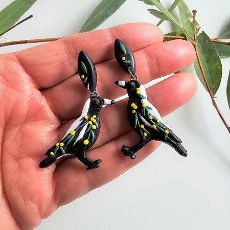 Australian Magpies with Wattle Blooms.Stud Dangle Earrings.