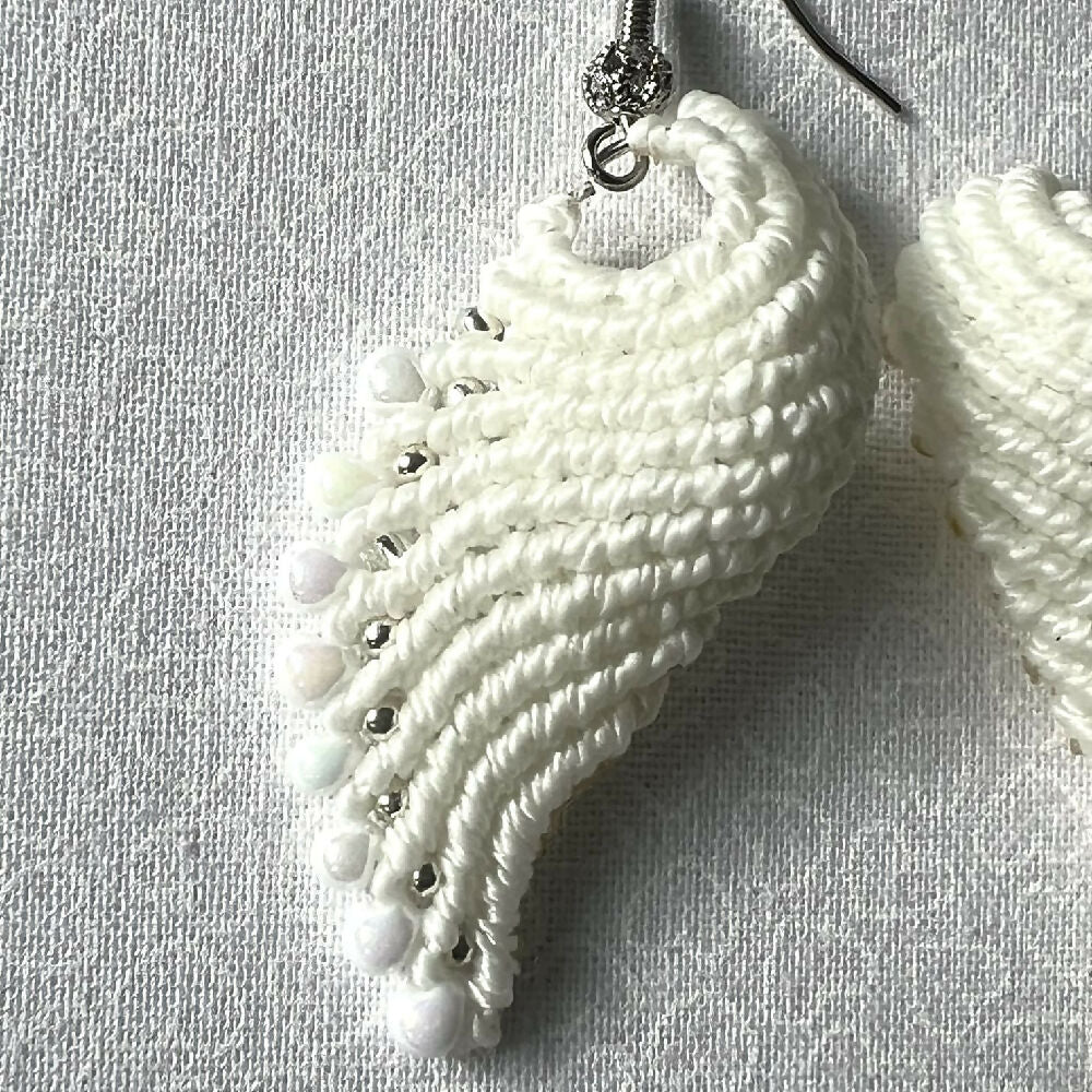 SOLD OUT - White Wing Micro Macrame Earrings +Free Microfibre Pouch