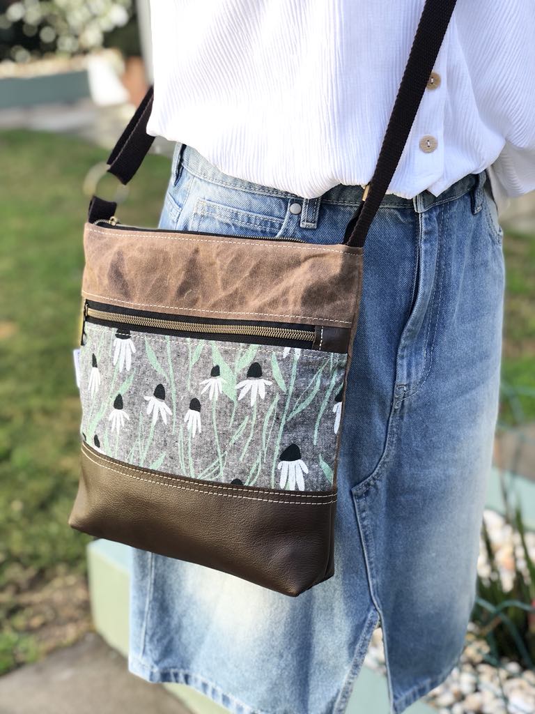 Leather, Waxed Canvas and Coneflower Fabric Zipper Handbag