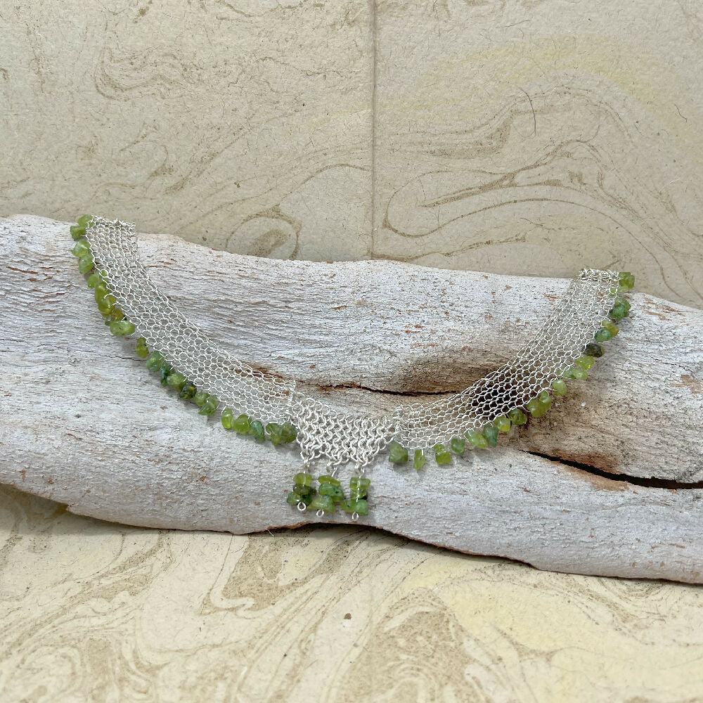 Knitted fine silver with peridot and leather necklace detail2