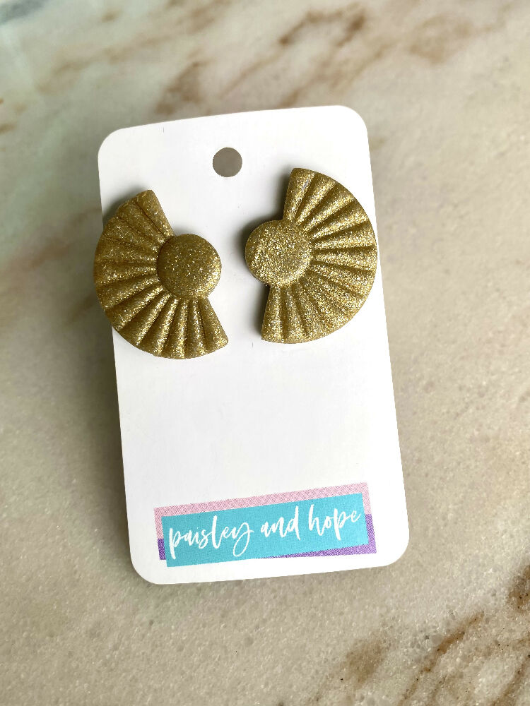 Polymer Clay Statement Studs - Gold Glitter Fan