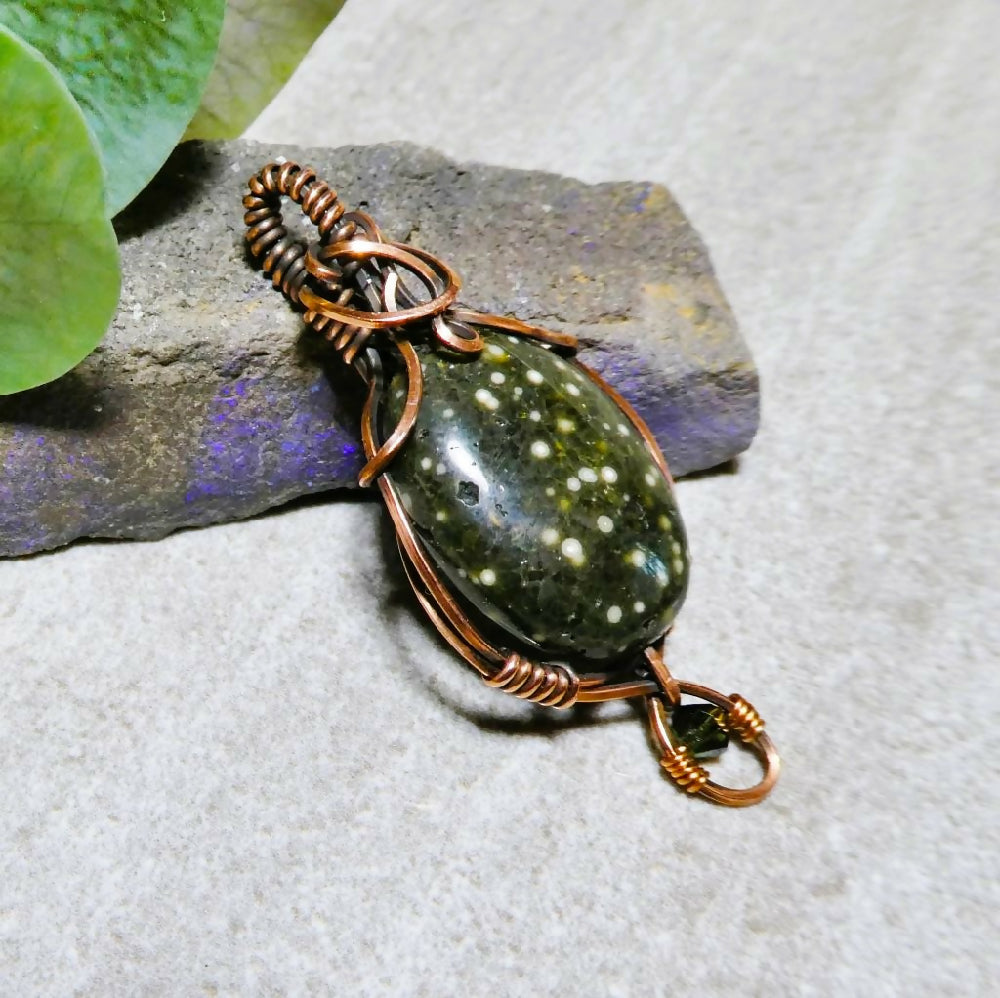 Dark green Ocean Jasper pendant copper wire wrapped