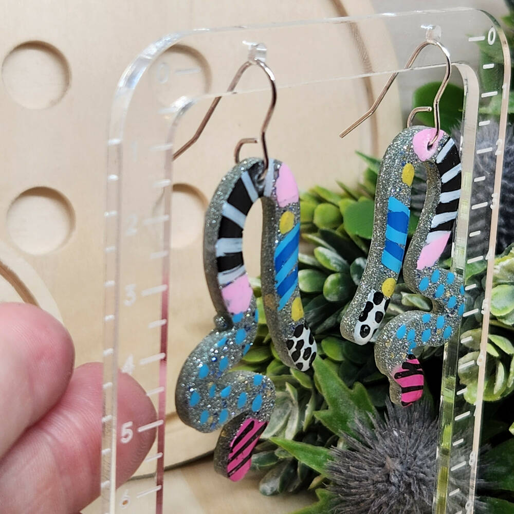 Dangle Earrings Squiggles Hand Painted Handcast Resin - Hook