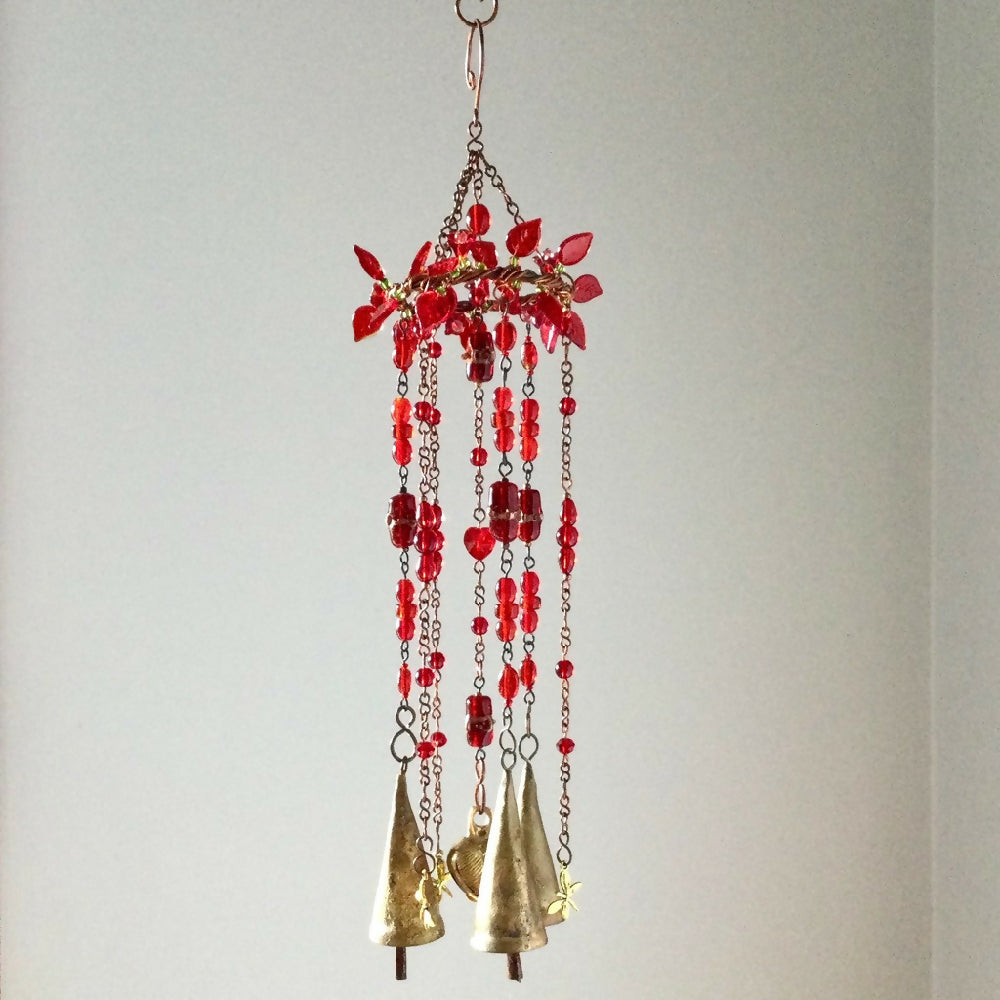 Windchimes Brass and Recycled Metal Bells, Dragonfly’s, Red Glass Beads