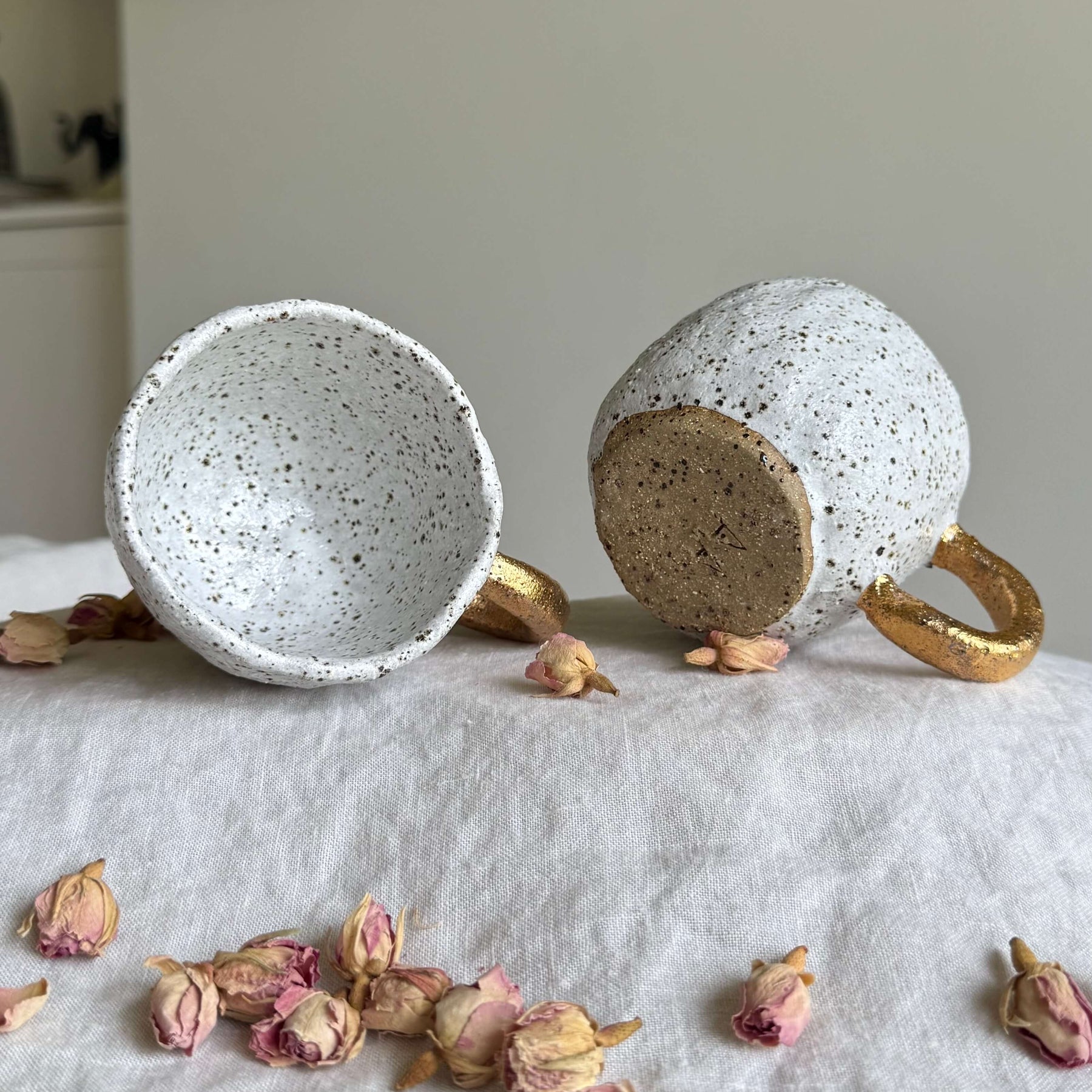 Handmade Ceramic Pinch Pot Cup | White Speckled Mug with Gold Handle | 200ml