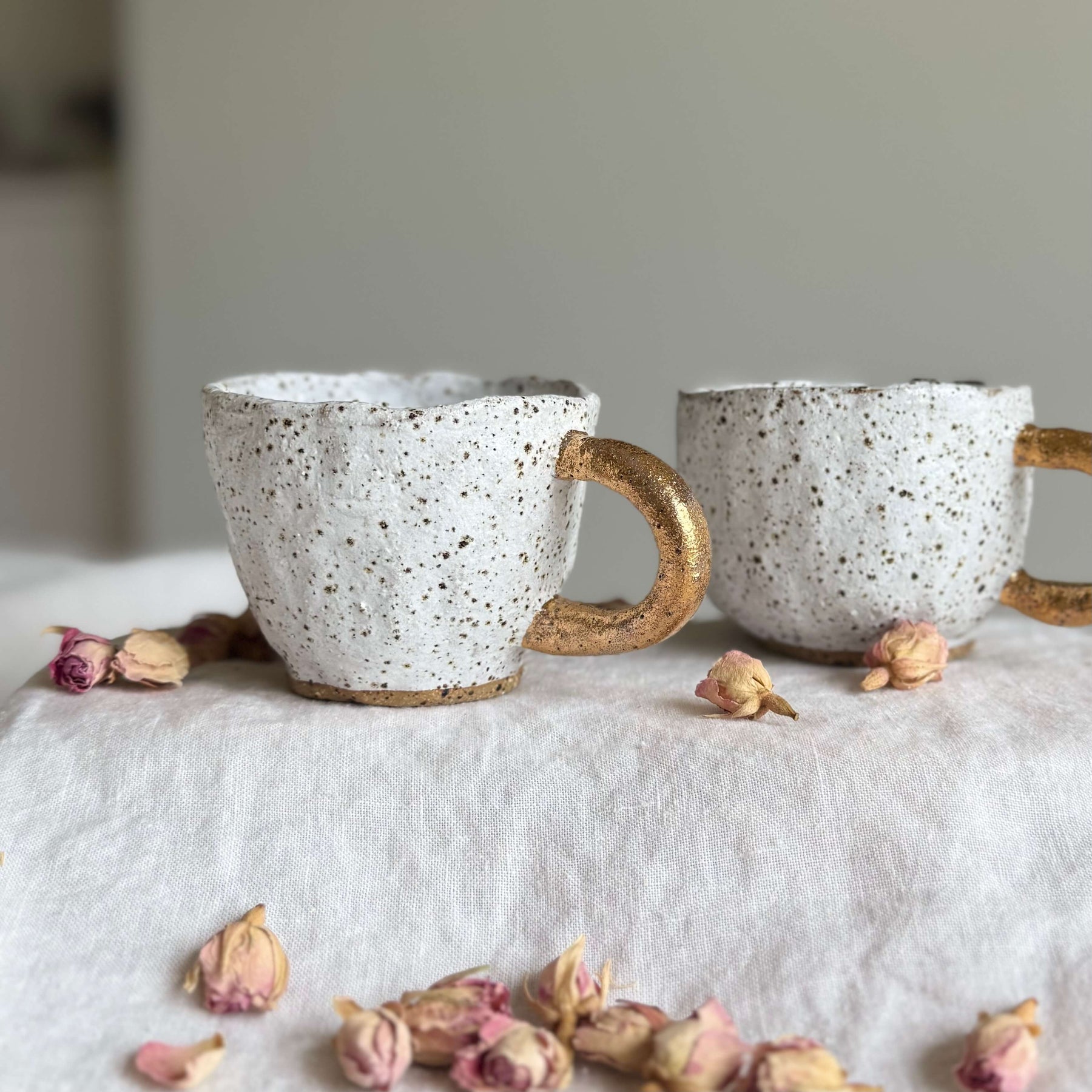 Handmade Ceramic Pinch Pot Cup | White Speckled Mug with Gold Handle | 200ml