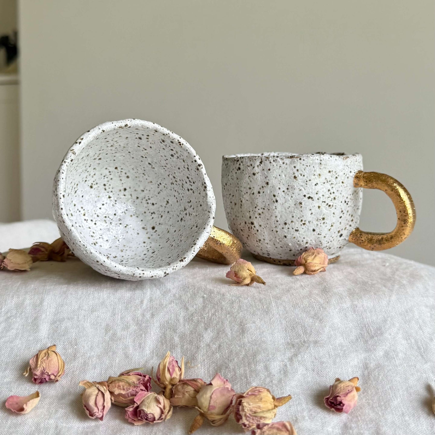 Handmade Ceramic Pinch Pot Cup | White Speckled Mug with Gold Handle | 200ml